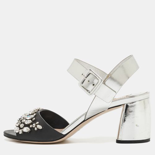 Miu Miu Silver/Black Leather Crystal Embellished Ankle Strap Sandals Size 35.5 - Miu Miu - Modalova