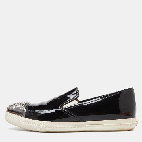 Miu Miu Black Patent Leather Crystals Embellished Slip On Loafers Size 38 - Miu Miu - Modalova