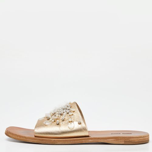 Miu Miu Gold Leather Crystal Embellished Open Toe Flat Slides Size 40 - Miu Miu - Modalova