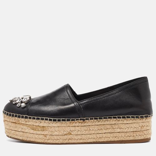 Miu Miu Black Leather Crystal Embelished Platform Espadrilles Flats Size 40 - Miu Miu - Modalova