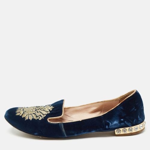 Miu Miu Blue Embroidered Velvet Crystal Embellished Smoking Slippers Size 37 - Miu Miu - Modalova