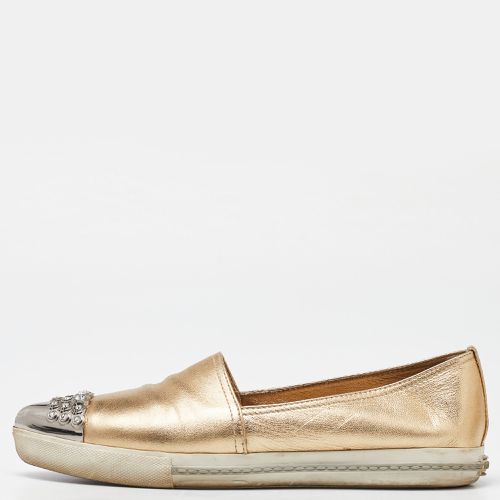 Miu Miu Gold Foil Leather Crystal Embellished Slip On Sneakers Size 41 - Miu Miu - Modalova