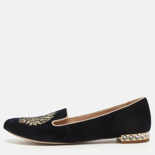 Miu Miu Navy Blue Velvet Embroidered Crystal Embellished Smoking Slippers Size 36.5 - Miu Miu - Modalova