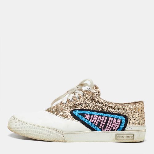 Miu Miu White/Gold Leather and Glitter Low Top Sneakers Size 41 - Miu Miu - Modalova