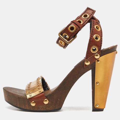 Miu Miu Brown/Gold Leather and Metal Platform Eyelet Ankle Strap Sandals Size 37 - Miu Miu - Modalova