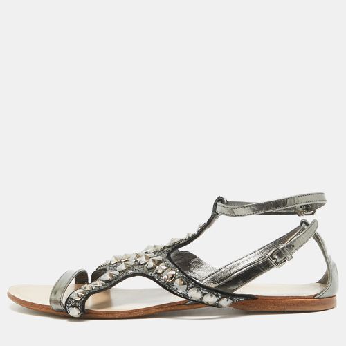 Miu Miu Metallic Leather and Glitter Ankle Strap Flat Sandals Size 39 - Miu Miu - Modalova