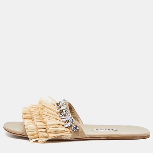 Miu Miu Beige Raffia and Suede Crystals Embellished Slide Flats Size 37 - Miu Miu - Modalova