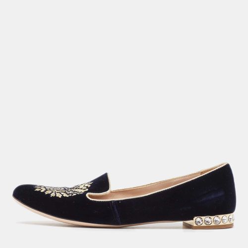 Miu Miu Navy Blue Velvet Embroidered Crystal Embellished Smoking Slippers Size 38 - Miu Miu - Modalova