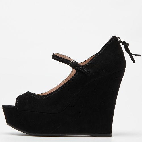 Miu Miu Black Suede Peep Toe Ankle Strap Wedges Size 38 - Miu Miu - Modalova