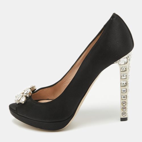 Miu Miu Black Satin Crystal Embellished Peep Toe Platform Pumps Size 37.5 - Miu Miu - Modalova