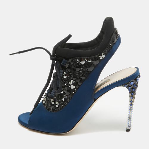 Miu Miu Navy Blue/Black Satin and Fabric Crystal Embellished Lace Up Slingback Sandals Size 39.5 - Miu Miu - Modalova