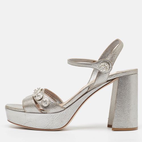 Miu Miu Silver Leather Crystal Embellished Ankle Wrap Sandals Size 40 - Miu Miu - Modalova