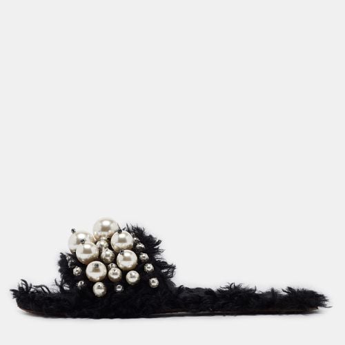 Miu Miu Black Fur Pearl Embellished Flat Slides Size 40 - Miu Miu - Modalova