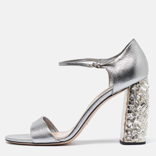 Miu Miu Silver Leather Crystal Embellished Block Heel Ankle Strap Platform Sandals Size 42 - Miu Miu - Modalova