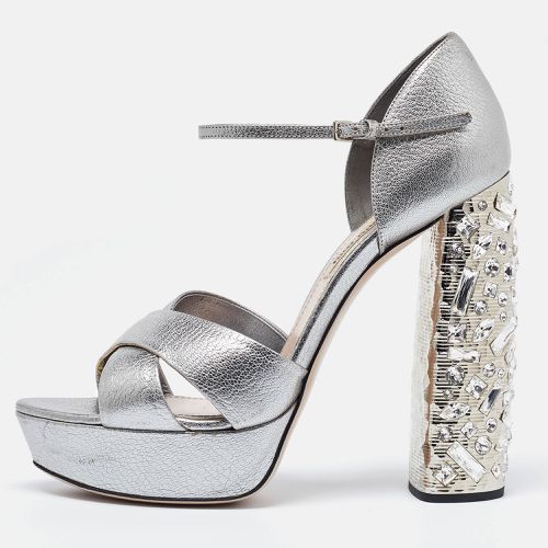 Miu Miu Metallic Silver Leather Crystal Embellished Block Heel Ankle Strap Platform Sandals Size 40 - Miu Miu - Modalova