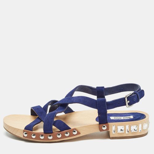 Miu Miu Blue Suede Crystal Embellished Strappy Flat Sandals Size 40 - Miu Miu - Modalova