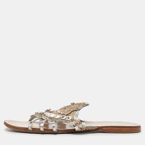 Miu Miu Silver Leather Crystal Embellished Flat Slides Size 37.5 - Miu Miu - Modalova