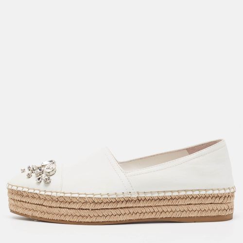 Miu Miu White Leather Crystal Embellished Espadrille Loafers Size 39 - Miu Miu - Modalova