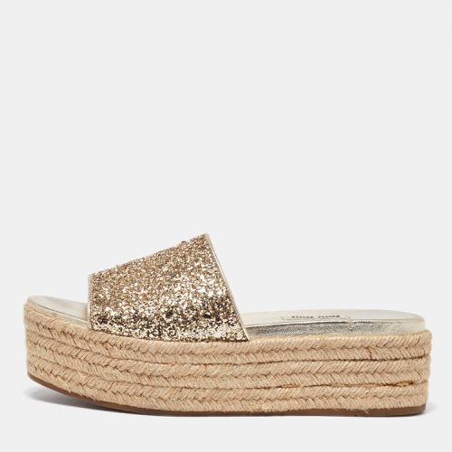 Miu Miu Gold Glitter and Leather Espadrille Wedge Sandals Size 38 - Miu Miu - Modalova