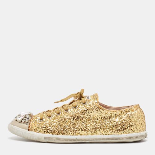 Miu Miu Gold Glitter and Leather Low Top Sneakers Size 39 - Miu Miu - Modalova