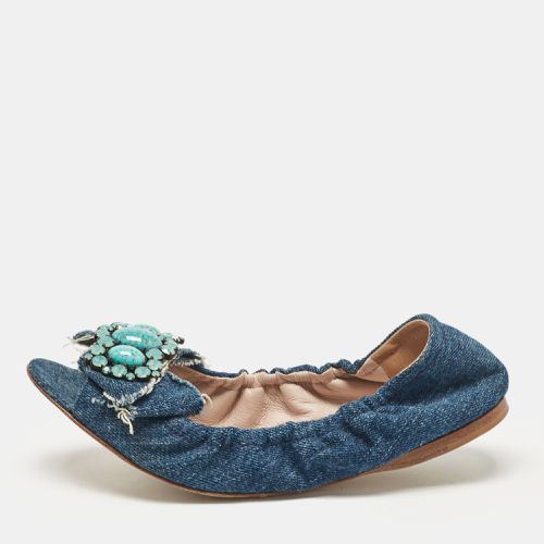 Miu Miu Blue Denim Crystal Embellished Bow Scrunch Open Toe Flats Size 37 - Miu Miu - Modalova