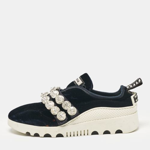 Miu Miu Navy Blue Velvet Crystal Embellished Slip On Sneakers Size 35.5 - Miu Miu - Modalova