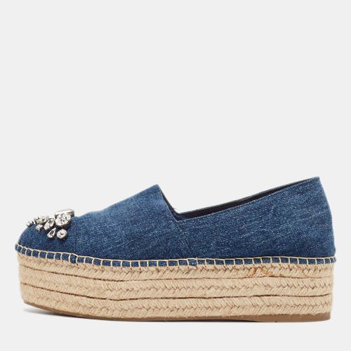 Miu Miu Blue Denim Crystal Embellished Platform Espadrille Flats Size 39.5 - Miu Miu - Modalova