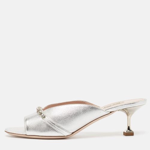 Miu Miu Silver Leather Crystal Embellished Slide Sandals Size 40 - Miu Miu - Modalova