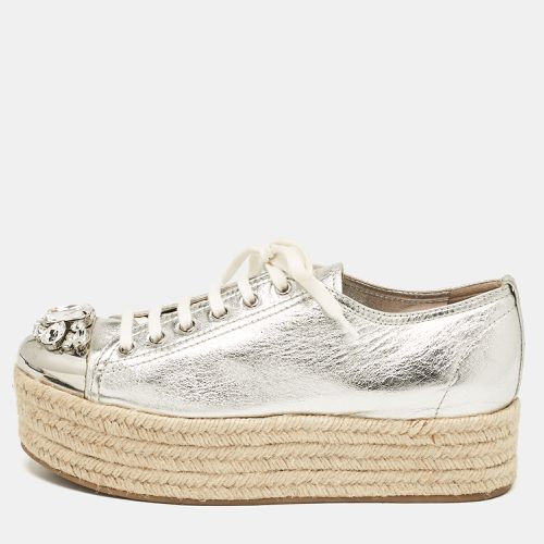 Miu Miu Silver Leather Crystal Embellished Platform Espadrille Flats Size 40 - Miu Miu - Modalova