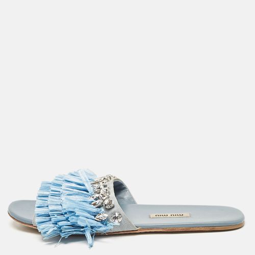 Miu Miu Blue Raffia and Suede Crystal Embellished Flat Slides Size 38 - Miu Miu - Modalova