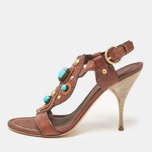 Miu Miu Brown Leather Studded Ankle Strap Sandals Size 38 - Miu Miu - Modalova