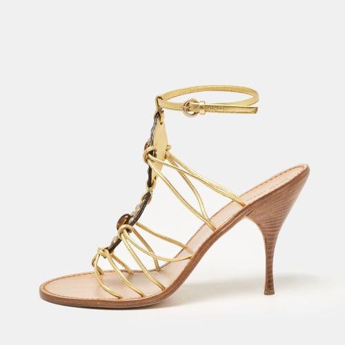 Miu Miu Gold Leather Crystal Embellished Ankle Strap Sandals Size 38.5 - Miu Miu - Modalova