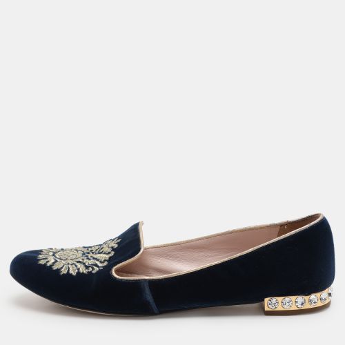 Miu Miu Blue Embroidered Velvet Crystal Embellished Smoking Slippers Size 37 - Miu Miu - Modalova