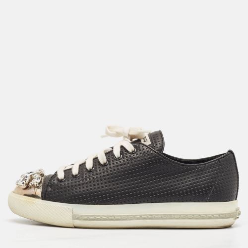 Miu Miu Black Leather Crystal Embellished Cap Toe Low Top Sneakers Size 37.5 - Miu Miu - Modalova