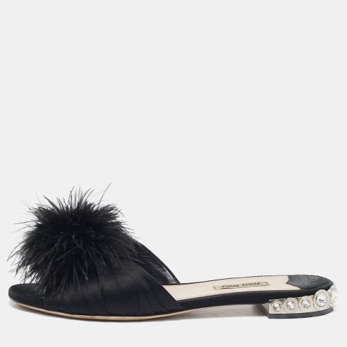 Miu Miu Black Ostrich Feather and Satin Crystals Embellished Slide Flats Size 38.5 - Miu Miu - Modalova