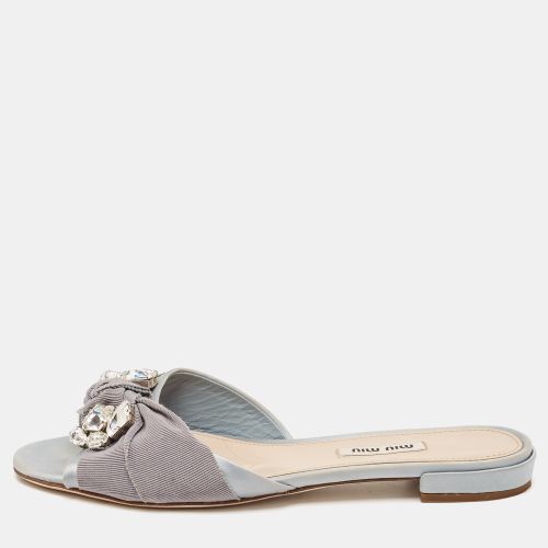 Miu Miu Light Blue Satin And Canvas Knot Crystal Embellished Slide Sandals Size 38 - Miu Miu - Modalova