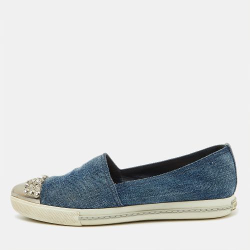 Miu Miu Blue Denim Crystal Embellished Cap Toe Slip On Sneakers Size 37 - Miu Miu - Modalova