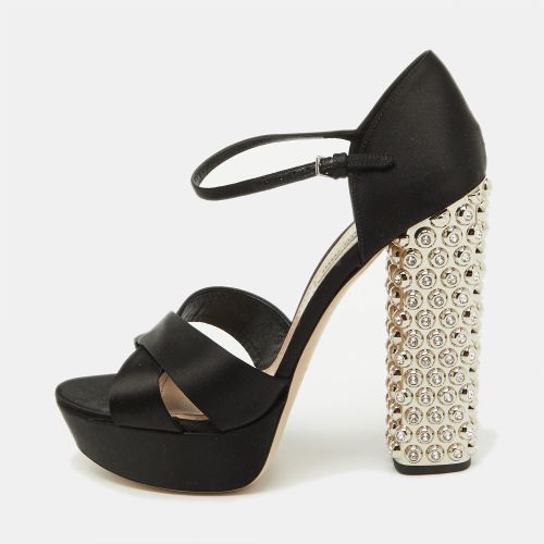 Satin T-Strap Crystal Embellished Heel Platform Sandals Size 39 - Miu Miu - Modalova