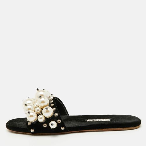 Miu Miu Black Velvet Faux Pearl Embellished Flat Slide Sandals Size 36 - Miu Miu - Modalova