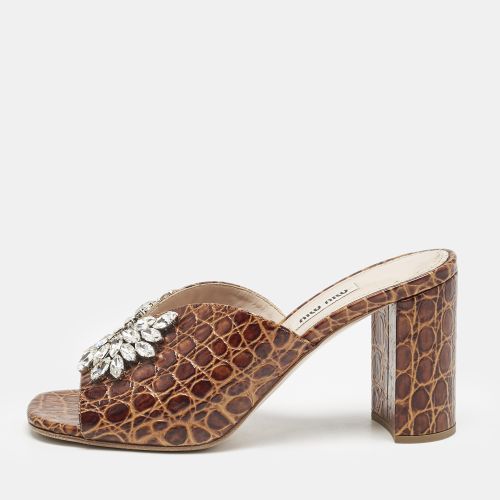 Miu Miu Brown Embossed Croc Crystal Embellished Slide Sandals Size 38 - Miu Miu - Modalova
