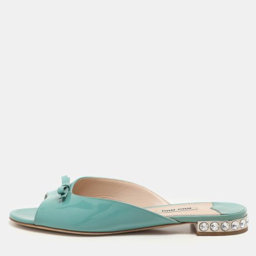 Miu Miu Mint Green Patent Leather Bow Crystal Embellished Heel Flat Slides Size 37 - Miu Miu - Modalova