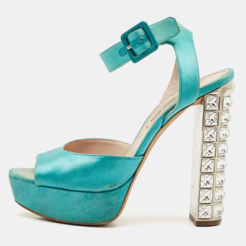 Satin Crystal Embellished Heel Ankle Strap Sandals Size 37 - Miu Miu - Modalova