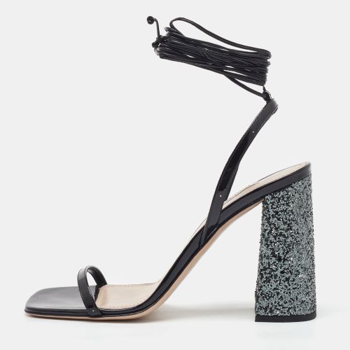 Miu Miu Black Patent Leather and Glitter Block Heel Ankle Wrap Sandals Size 38.5 - Miu Miu - Modalova