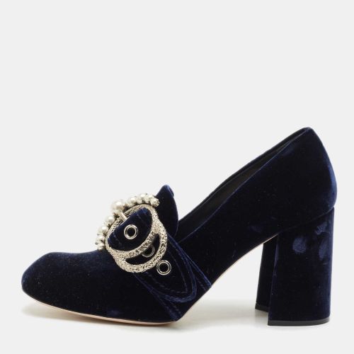 Miu Miu Navy Blue Velvet Pearl Embellished Block Heel Pumps Size 39 - Miu Miu - Modalova