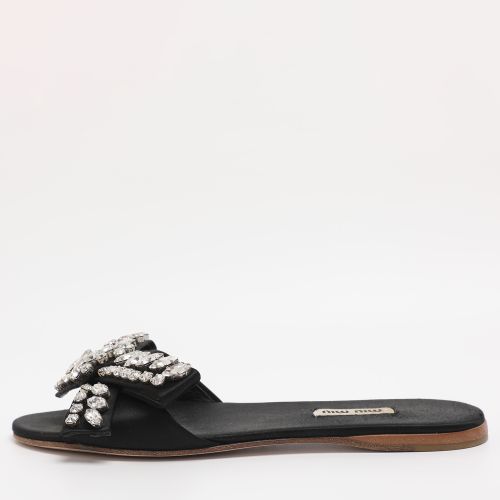 Miu Miu Black Satin Crystal Embellished Bow Slide Sandals Size 37 - Miu Miu - Modalova
