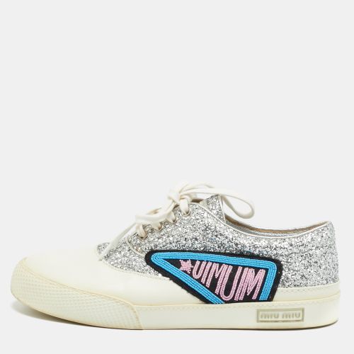 Patch Size 38.5 /Silver Glitter and Leather Low Top Sneakers - Miu Miu - Modalova