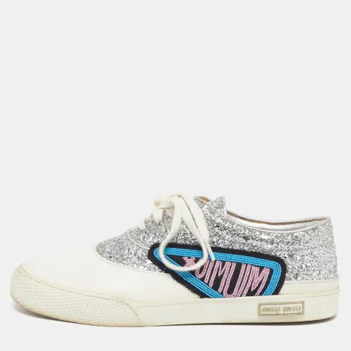 Patch Size 40 /Silver Glitter and Leather Low Top Sneakers - Miu Miu - Modalova