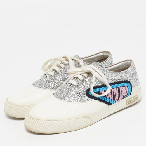Patch Size 40 /Silver Glitter and Leather Low Top Sneakers - Miu Miu - Modalova