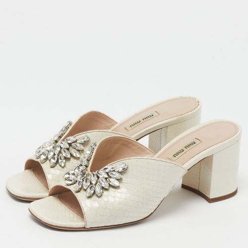 Size 39 Off- Python Leather Crystal Embellished Block Heel Slide Sandals - Miu Miu - Modalova