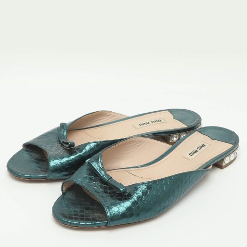 Bow Size 40 Metallic Python Embossed Leather Flat Sandals - Miu Miu - Modalova